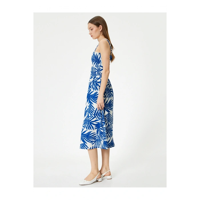 Çiçekli Elbise Midi Boy Askılı Gipe Detaylı Rahat Kalıp Bürümcük