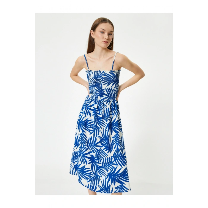 Çiçekli Elbise Midi Boy Askılı Gipe Detaylı Rahat Kalıp Bürümcük