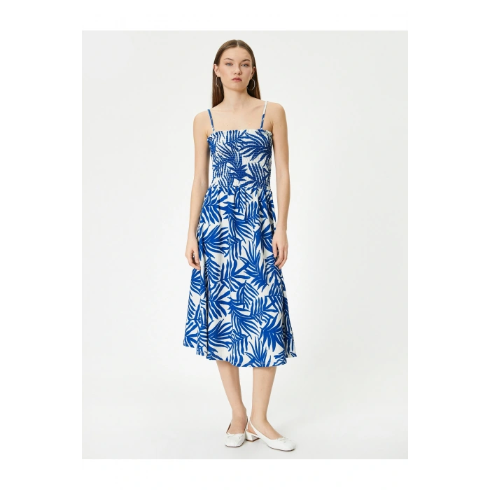 Çiçekli Elbise Midi Boy Askılı Gipe Detaylı Rahat Kalıp Bürümcük