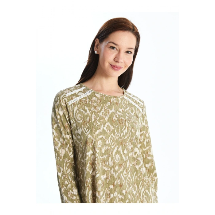 Bisiklet Yaka Desenli Uzun Kollu Kadın Bluz