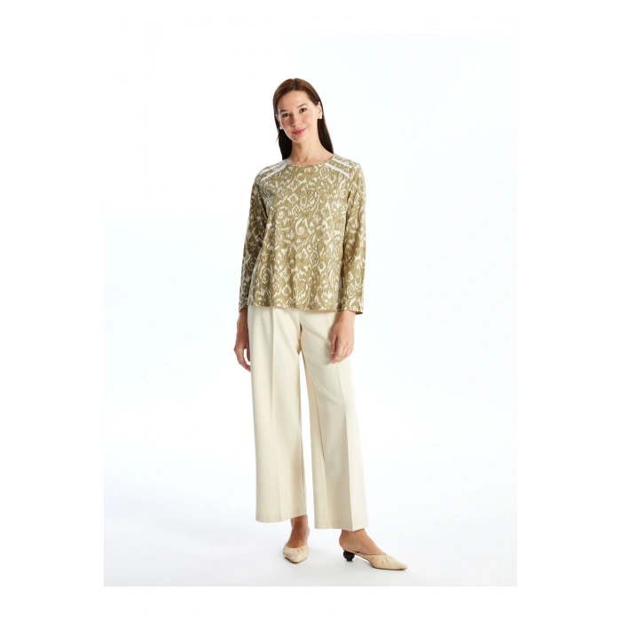 Bisiklet Yaka Desenli Uzun Kollu Kadın Bluz