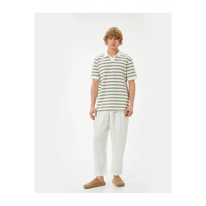 V Yaka Polo Tişört Dokulu Kısa Kollu Pamuklu