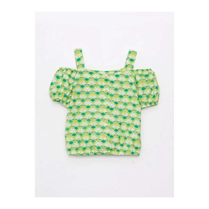 Kare Yaka Desenli Kısa Kollu Kız Çocuk Bluz