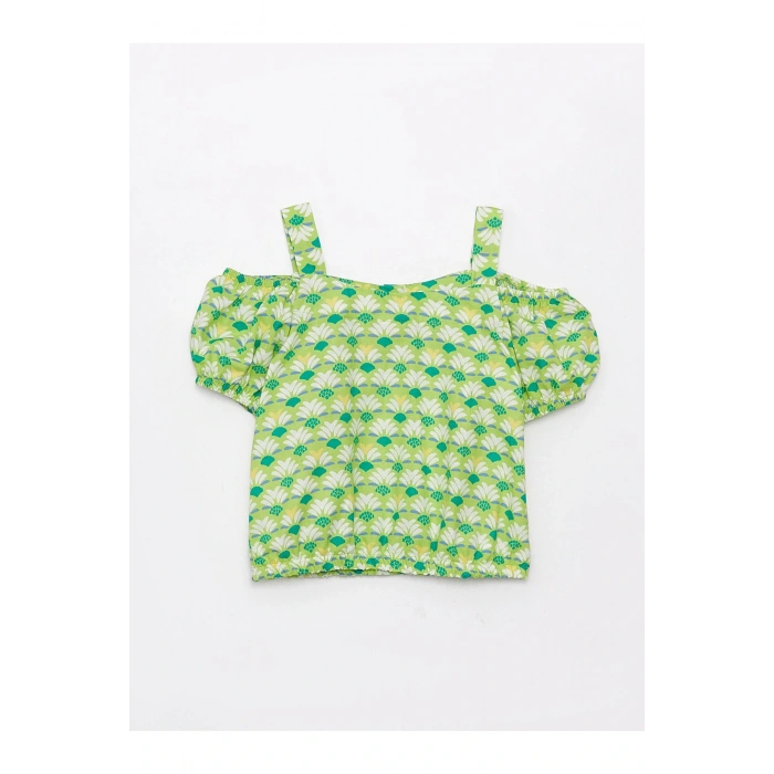 Kare Yaka Desenli Kısa Kollu Kız Çocuk Bluz