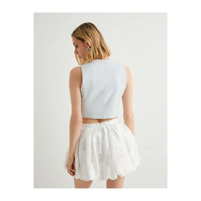 X Tuba Ünsal - Düğmeli Kruvaze Crop Yelek 4SAK20115UW Mavi Ekose