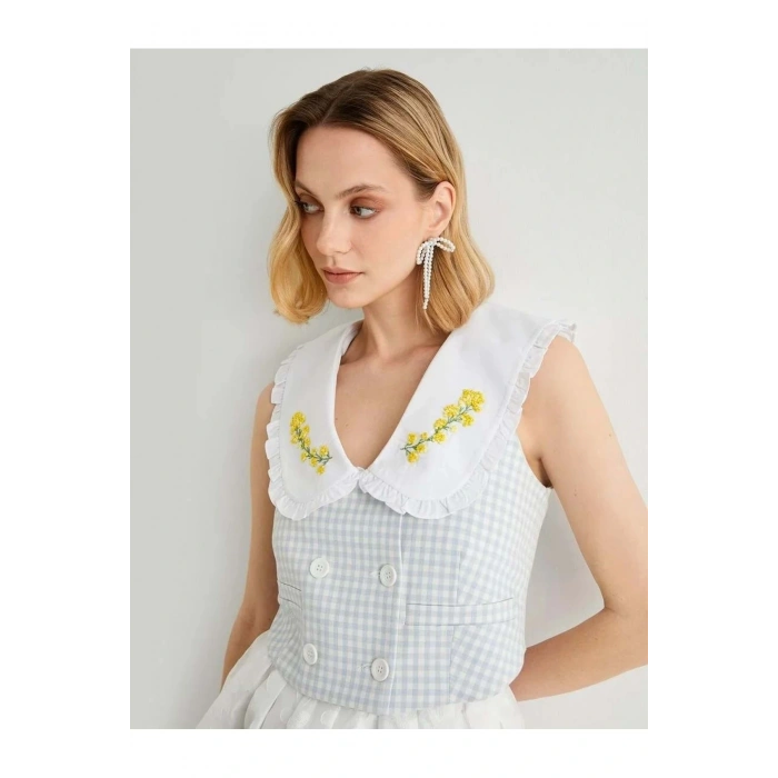 X Tuba Ünsal - Düğmeli Kruvaze Crop Yelek 4SAK20115UW Mavi Ekose