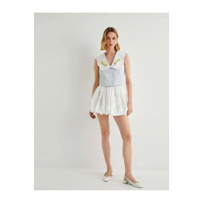 X Tuba Ünsal - Düğmeli Kruvaze Crop Yelek 4SAK20115UW Mavi Ekose