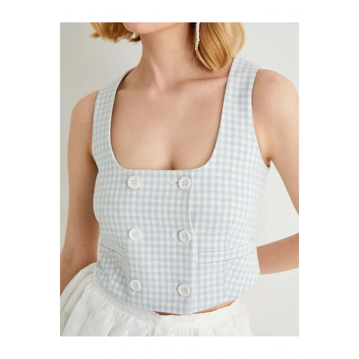 X Tuba Ünsal - Düğmeli Kruvaze Crop Yelek 4SAK20115UW Mavi Ekose