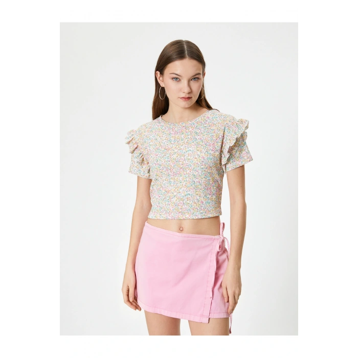 Çiçekli Fırfırlı Tişört Kısa Kollu Bisiklet Yaka Dokulu Bürümcük