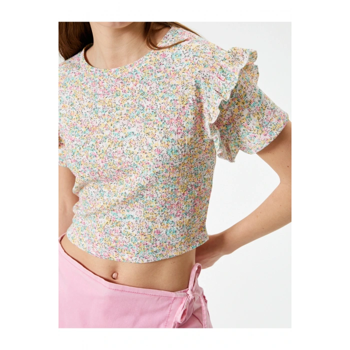 Çiçekli Fırfırlı Tişört Kısa Kollu Bisiklet Yaka Dokulu Bürümcük