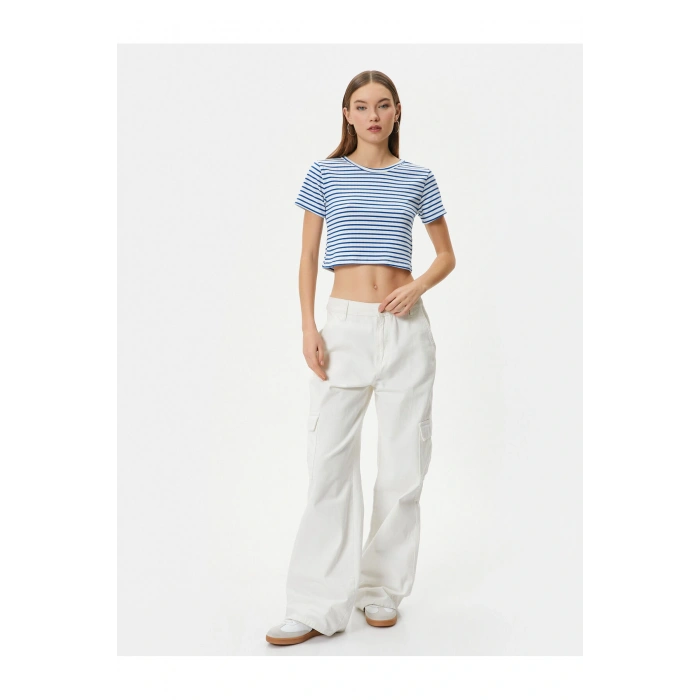 Crop Tişört Slim Fit Ribanalı Kısa Kollu Bisiklet Yaka