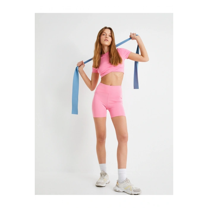 Crop Spor Tişört Asimetrik Kesim Kısa Kollu Bisiklet Yaka Slim Fit