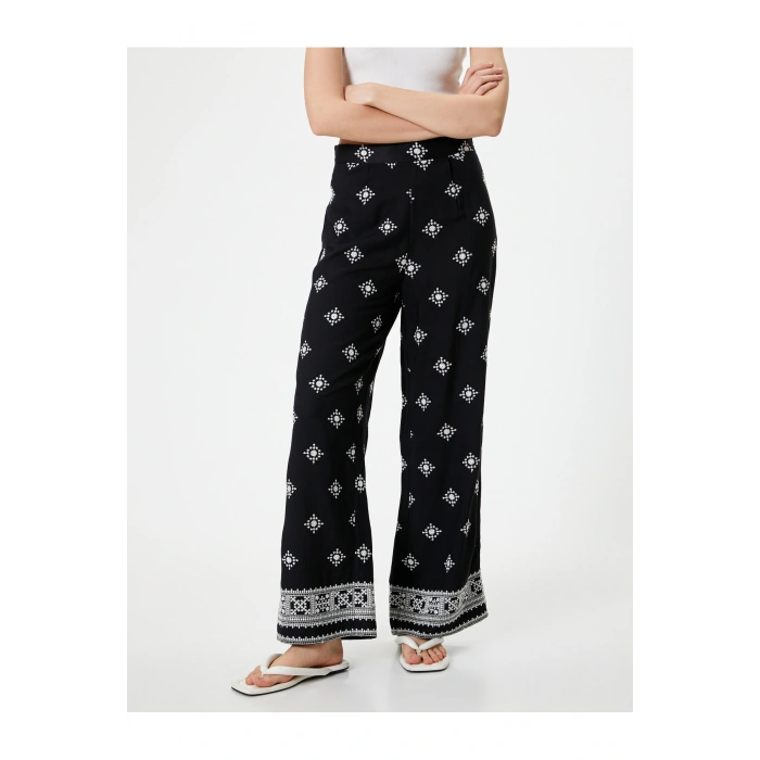 Viskon Pantolon Nakışlı Beli Lastikli Geniş Paça