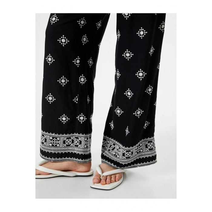 Viskon Pantolon Nakışlı Beli Lastikli Geniş Paça