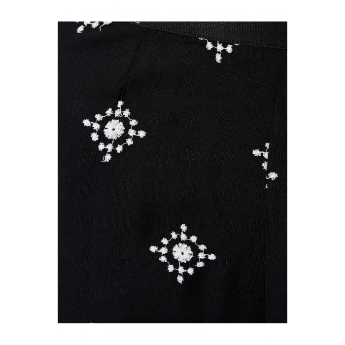 Viskon Pantolon Nakışlı Beli Lastikli Geniş Paça