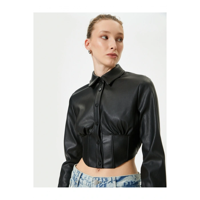 Deri Görünümlü Gömlek Crop Korse Detaylı Uzun Kollu Düğmeli Slim Fit