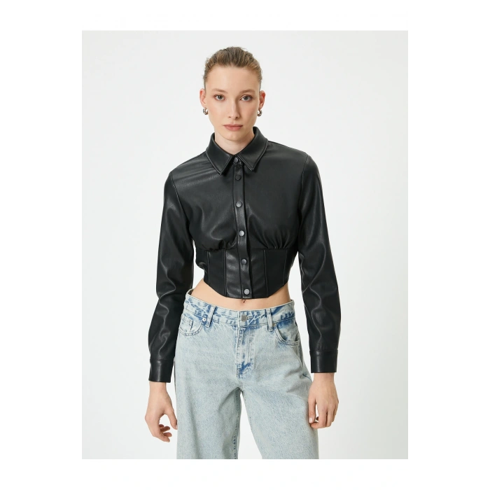 Deri Görünümlü Gömlek Crop Korse Detaylı Uzun Kollu Düğmeli Slim Fit