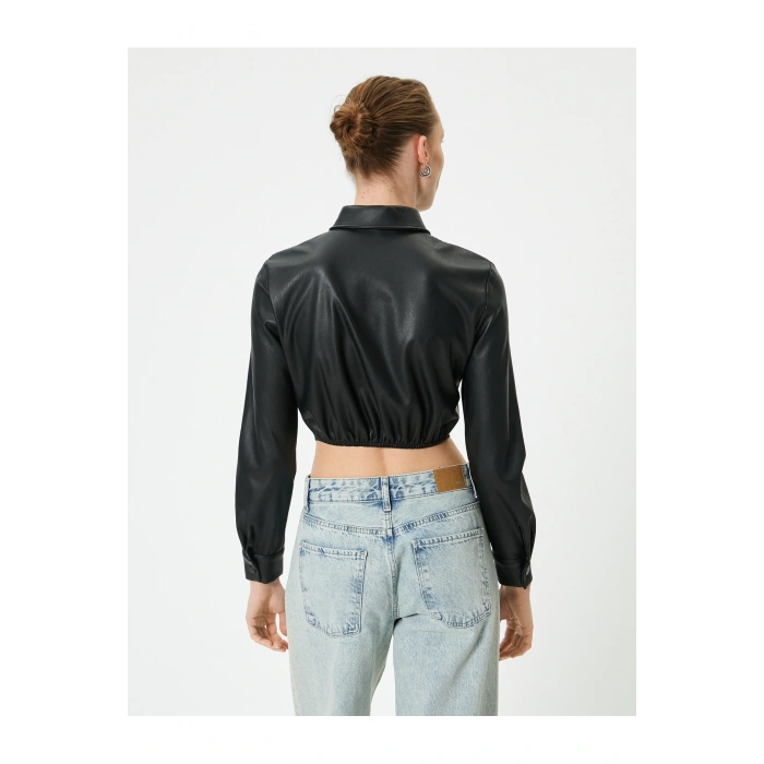 Deri Görünümlü Gömlek Crop Korse Detaylı Uzun Kollu Düğmeli Slim Fit