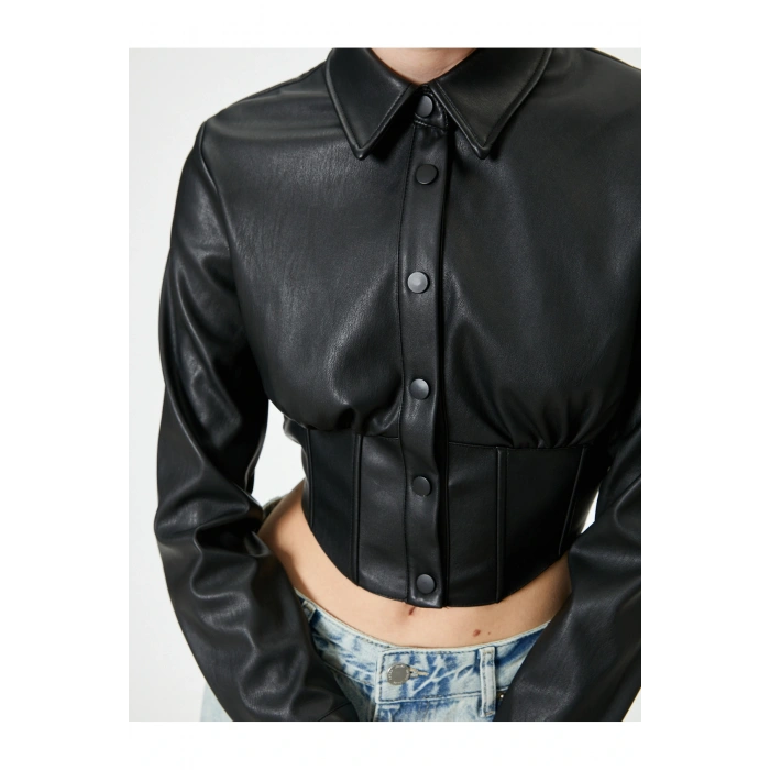 Deri Görünümlü Gömlek Crop Korse Detaylı Uzun Kollu Düğmeli Slim Fit
