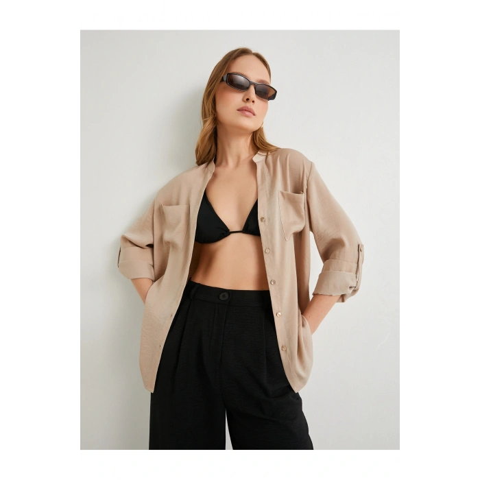 Hakim Yaka Gömlek Uzun Katlamalı Kol Cepli Düğmeli Regular Fit