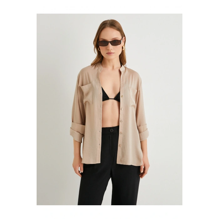 Hakim Yaka Gömlek Uzun Katlamalı Kol Cepli Düğmeli Regular Fit