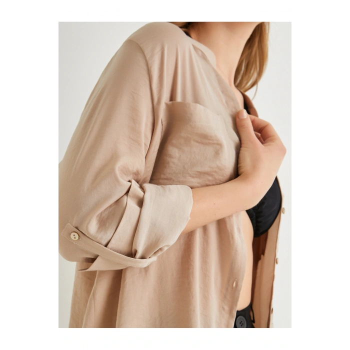 Hakim Yaka Gömlek Uzun Katlamalı Kol Cepli Düğmeli Regular Fit