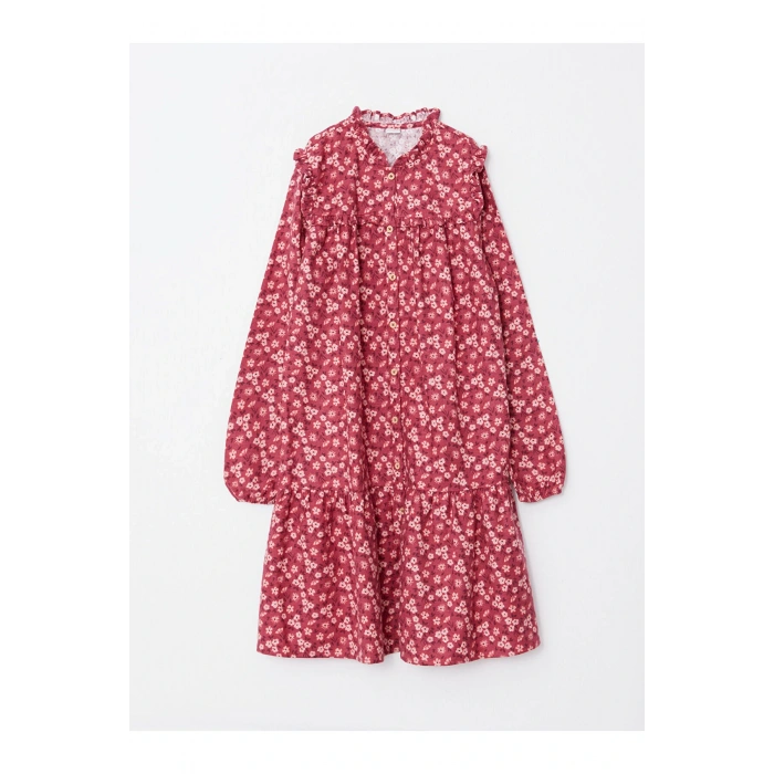 Lcw Bisiklet Yaka Desenli Uzun Kollu Gabardin Kız Çocuk Elbise