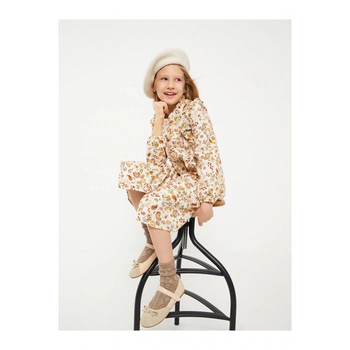 Kids Bisiklet Yaka Desenli Uzun Kollu Gabardin Kız Çocuk Elbise