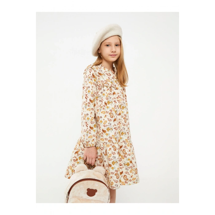 Kids Bisiklet Yaka Desenli Uzun Kollu Gabardin Kız Çocuk Elbise