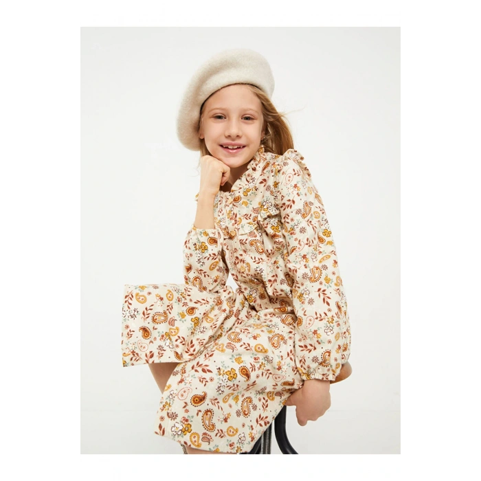 Kids Bisiklet Yaka Desenli Uzun Kollu Gabardin Kız Çocuk Elbise