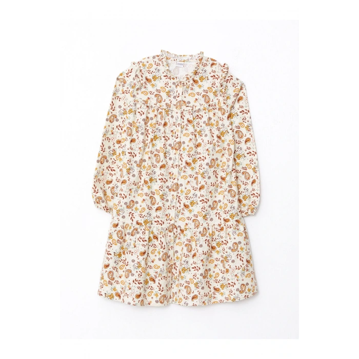 Kids Bisiklet Yaka Desenli Uzun Kollu Gabardin Kız Çocuk Elbise