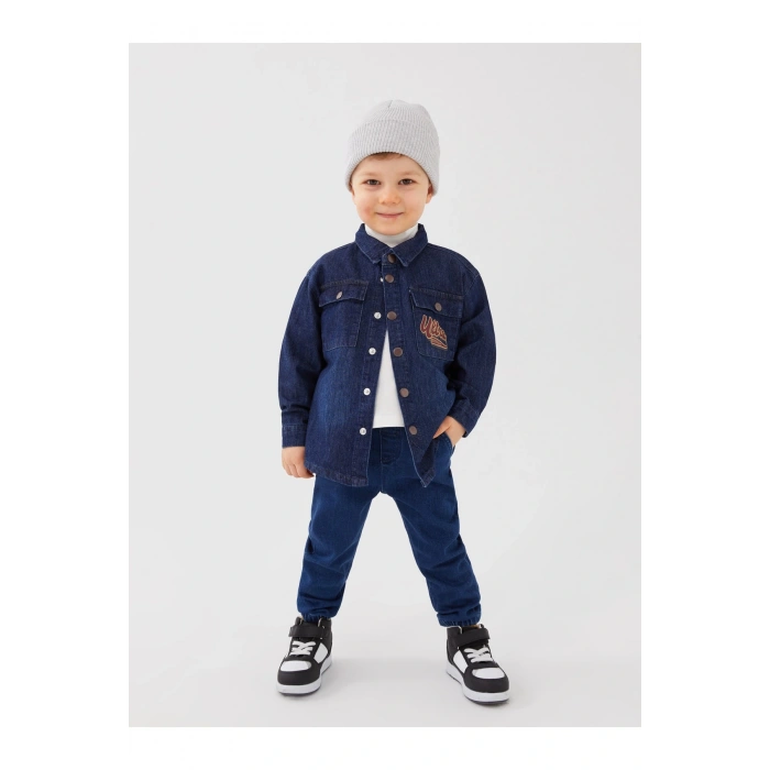 Uzun Kollu Baskılı Erkek Bebek Jean Gömlek