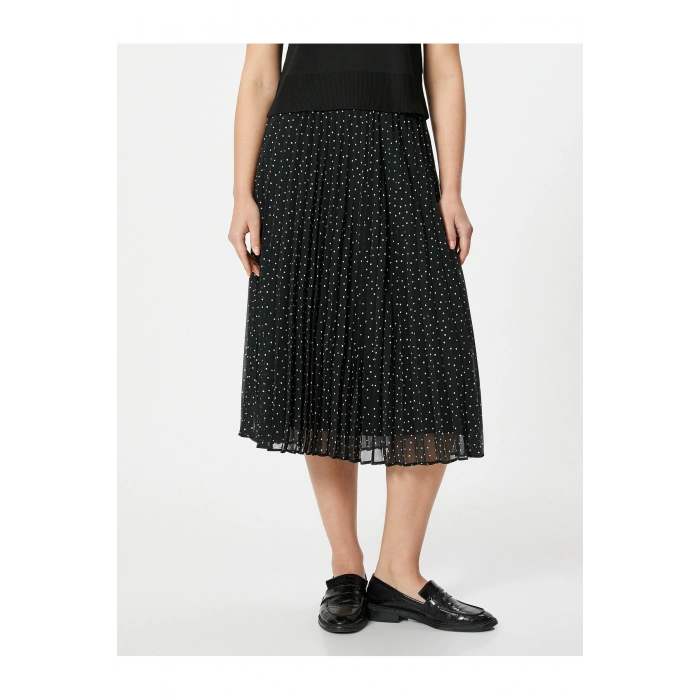 Yüksek Bel Tül Astarlı Pileli Puantiyeli Midi Etek