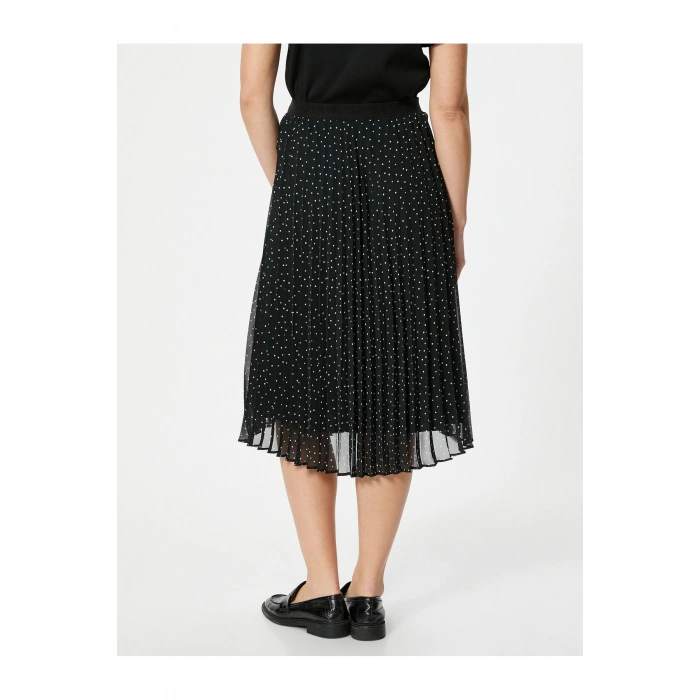 Yüksek Bel Tül Astarlı Pileli Puantiyeli Midi Etek