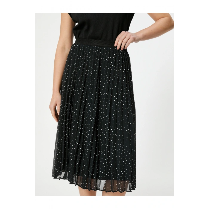 Yüksek Bel Tül Astarlı Pileli Puantiyeli Midi Etek