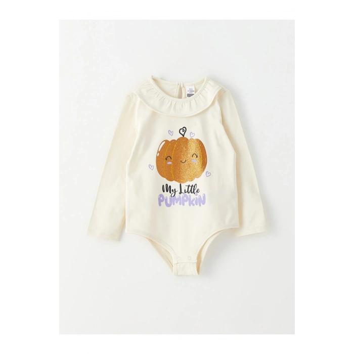 Bisiklet Yaka Uzun Kollu Baskılı Kız Bebek Çıtçıtlı Body