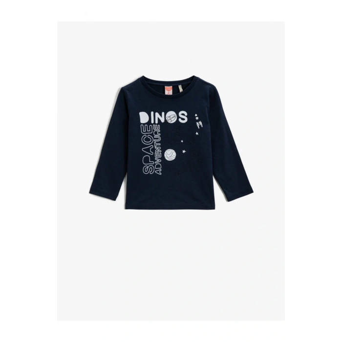 Erkek Çocuk Lacivert Sloganli T-Shirt Pamuklu Uzun Kollu