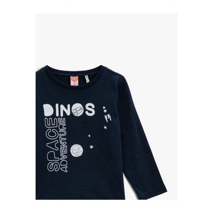 Erkek Çocuk Lacivert Sloganli T-Shirt Pamuklu Uzun Kollu