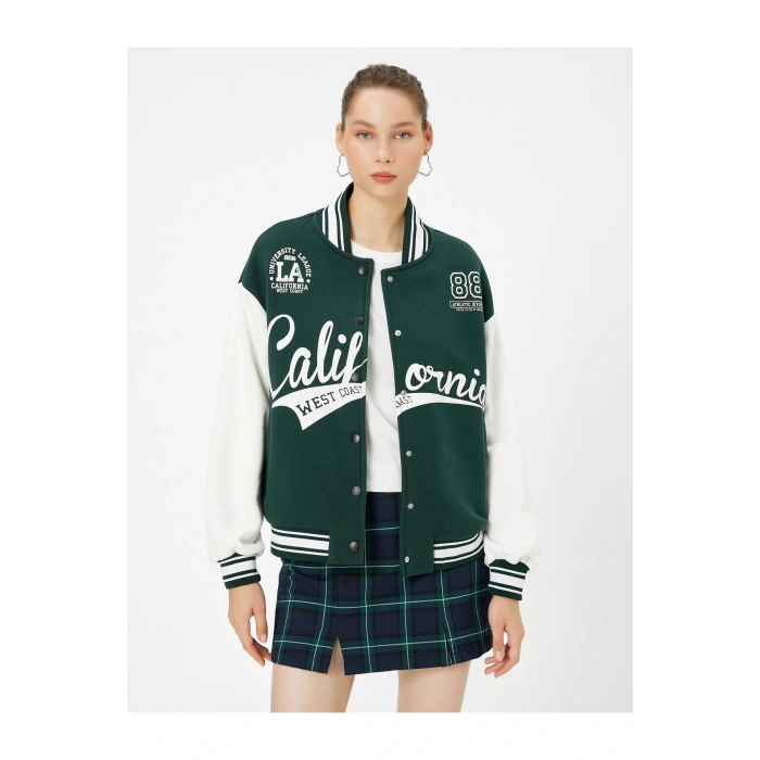 Şardonlu Bomber Ceket Aplike Detaylı Kolej Baskılı Cepli