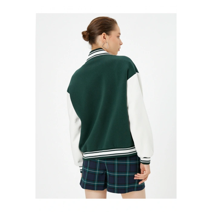 Şardonlu Bomber Ceket Aplike Detaylı Kolej Baskılı Cepli