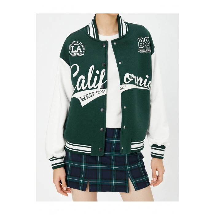 Şardonlu Bomber Ceket Aplike Detaylı Kolej Baskılı Cepli