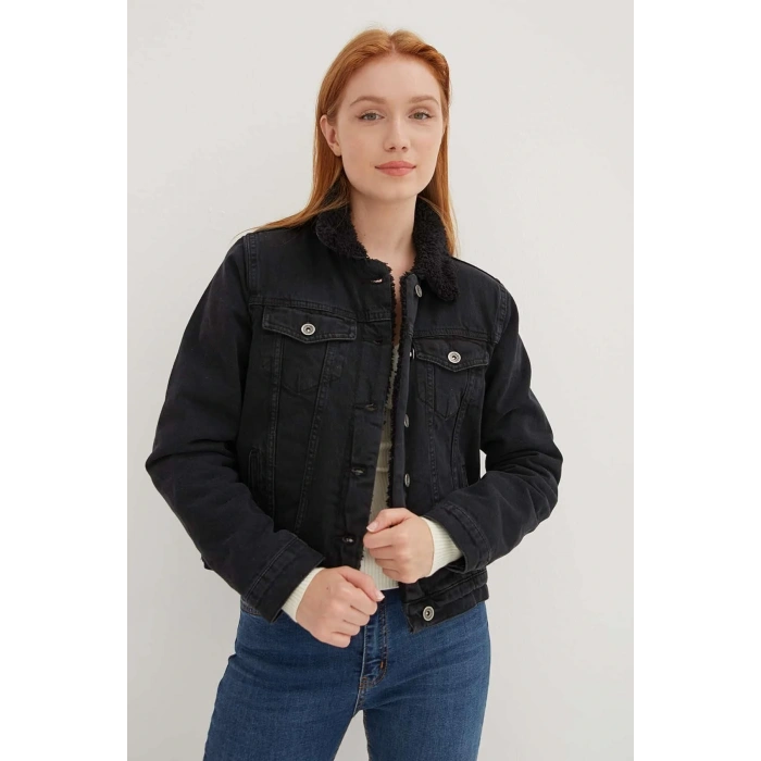 İçi Kürklü Denim Ceket Siyah