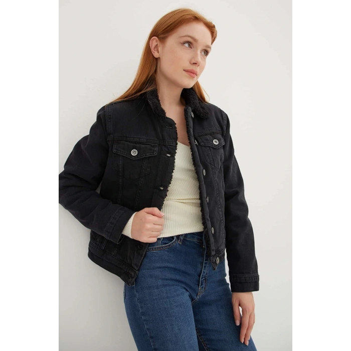 İçi Kürklü Denim Ceket Siyah