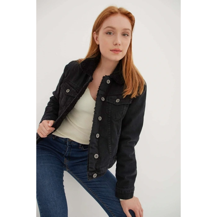 İçi Kürklü Denim Ceket Siyah