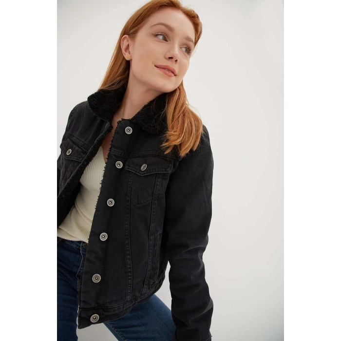 İçi Kürklü Denim Ceket Siyah