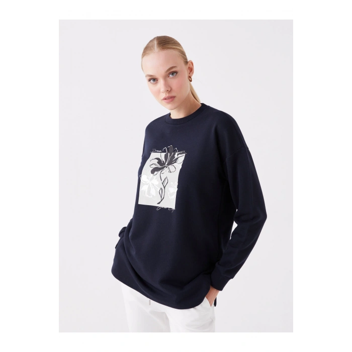 Bisiklet Yaka Baskılı Uzun Kollu Oversize Kadın Sweatshirt Tunik