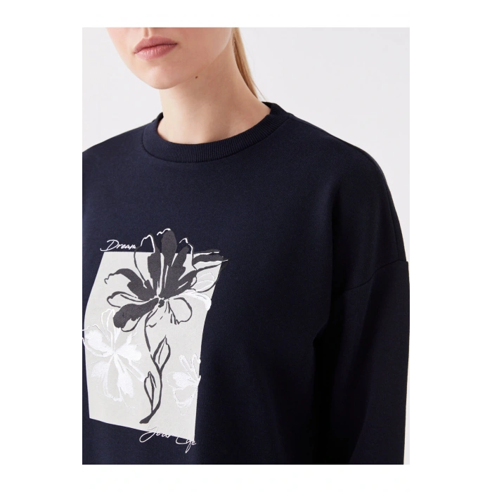 Bisiklet Yaka Baskılı Uzun Kollu Oversize Kadın Sweatshirt Tunik