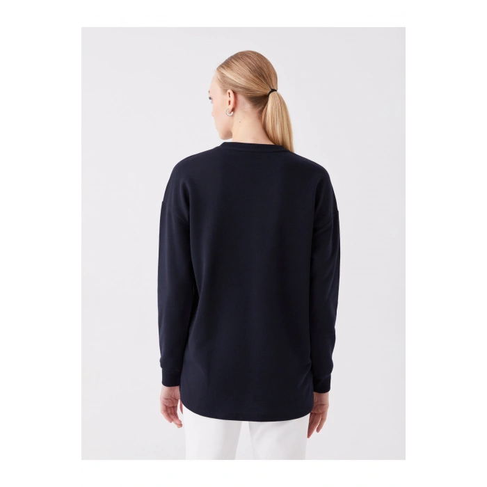 Bisiklet Yaka Baskılı Uzun Kollu Oversize Kadın Sweatshirt Tunik