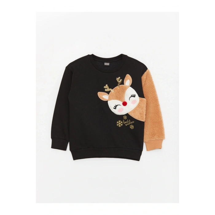 Bisiklet Yaka Nakışlı Uzun Kollu Kız Çocuk Sweatshirt