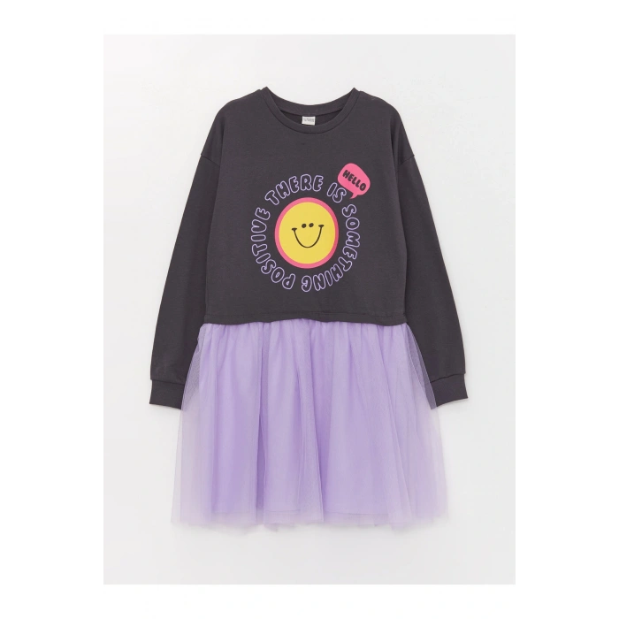 Bisiklet Yaka Baskılı Uzun Kollu Kız Çocuk Elbise